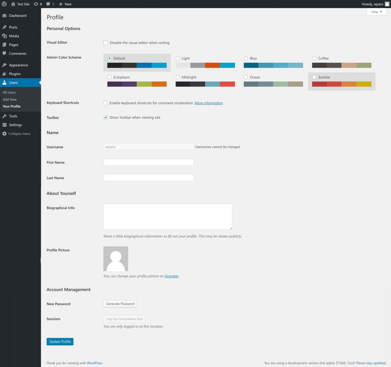 WordPress 使用者設定頁面